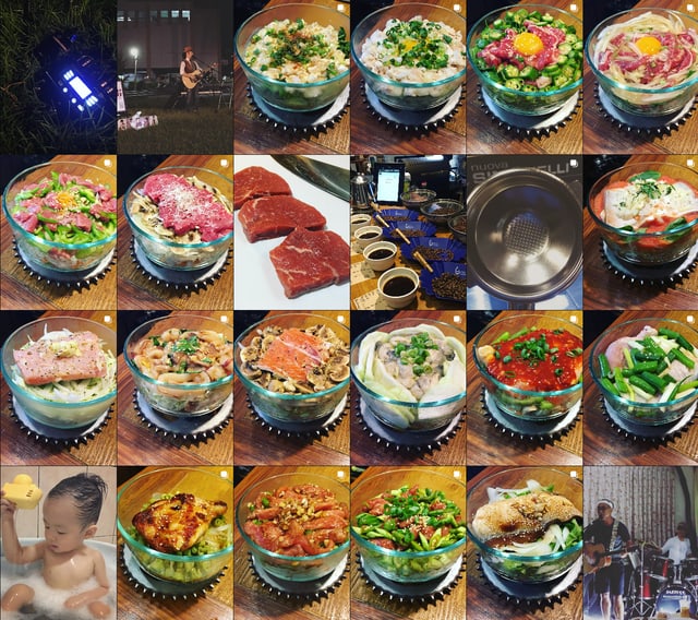Instagram 九宮格：更多層次分明的玻璃碗丼飯，穿插夜間樂團演出與咖啡杯測